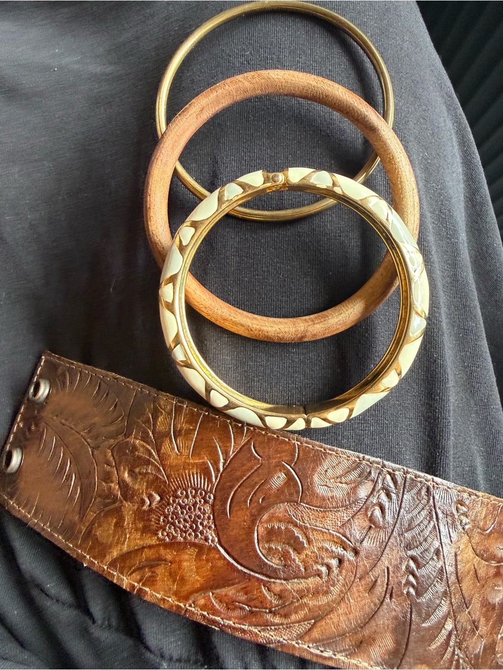 Leather Embossed Brown & bronze, wood, cream, gold Bracelet bundle !